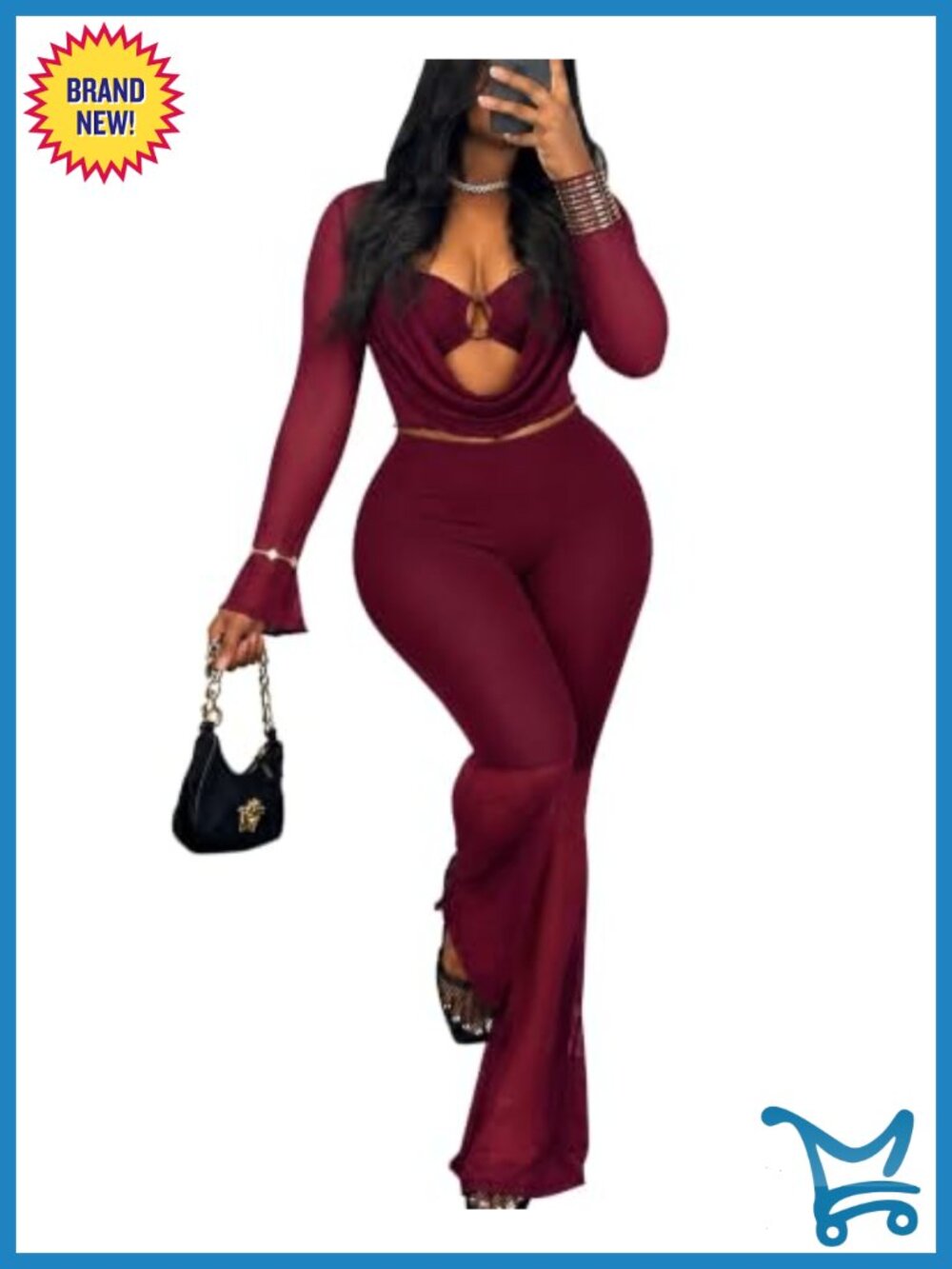 3 Piece Mesh Club Outfit Cowl Neck Flare Sleeve Crop Top High Waist